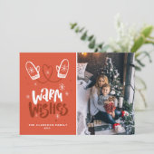 Warm Wishes Lettering | Foto Snowflakes Mittens Feestdagenkaart (Staand voorkant)