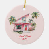 Warm Wishes Midcentury Modern House Roze Kerst Keramisch Ornament (Voorkant)