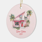 Warm Wishes Midcentury Modern House Roze Kerst Keramisch Ornament (Links)