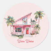 Warm Wishes Midcentury Modern House Roze Kerst Ronde Sticker (Voorkant)