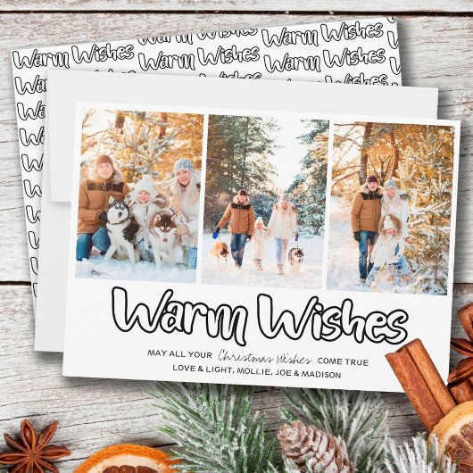 Warm Wishes Outline Lettering 3 Vertical Photo Feestdagenkaart