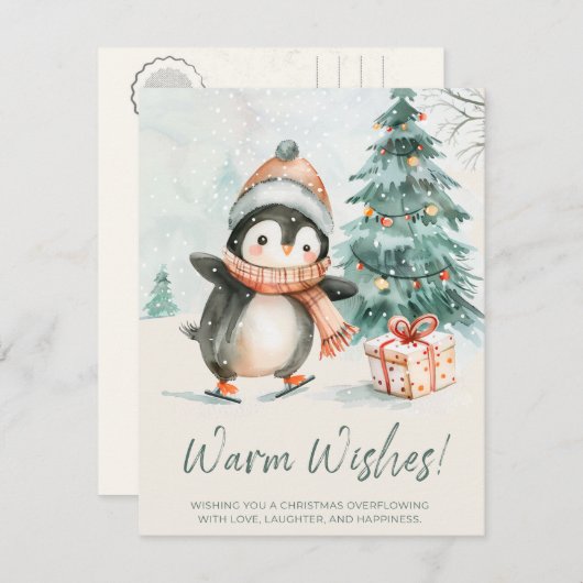 Warm Wishes Penguin Feestdagenkaart (Voorkant / Achterkant)