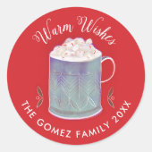 Warm Wishes Pepermunt Hot Cacao Mok Vakantie Ronde Sticker (Voorkant)