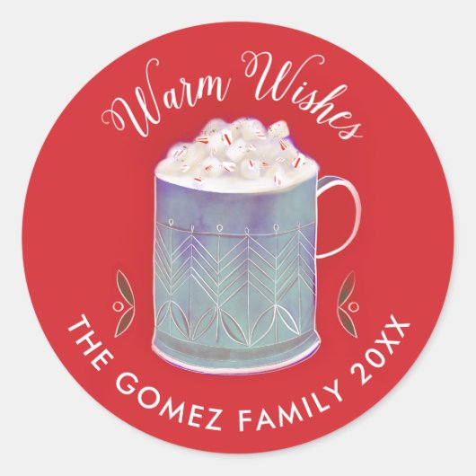 Warm Wishes Pepermunt Hot Cacao Mok Vakantie Ronde Sticker (Voorkant)