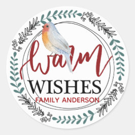 WARM WISHES Persoonlijke Winter/KerstRobin Ronde Sticker