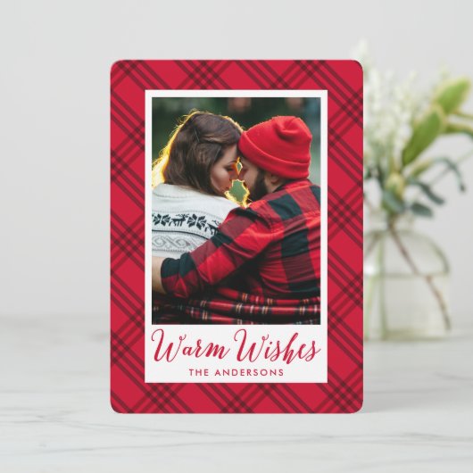 Warm Wishes | Plaid Holiday Photo Card Feestdagenkaart (Staand voorkant)