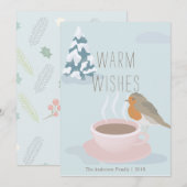 "Warm Wishes" Robin & Coffee Cup Kerst Kaart (Voorkant / Achterkant)