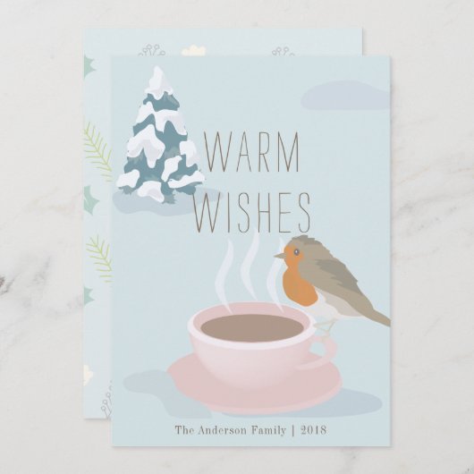 "Warm Wishes" Robin & Coffee Cup Kerst Kaart (Voorkant / Achterkant)