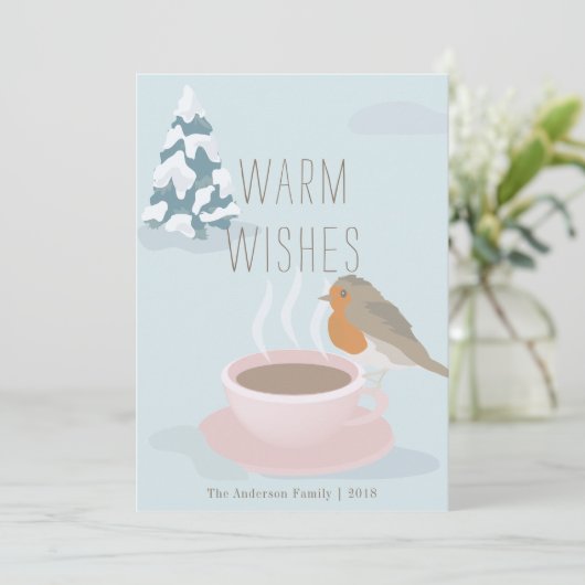 "Warm Wishes" Robin & Coffee Cup Kerst Kaart (Staand voorkant)