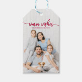 Warm Wishes Rode Script Aangepaste Foto Kerstmis Cadeaulabel (Voorkant)