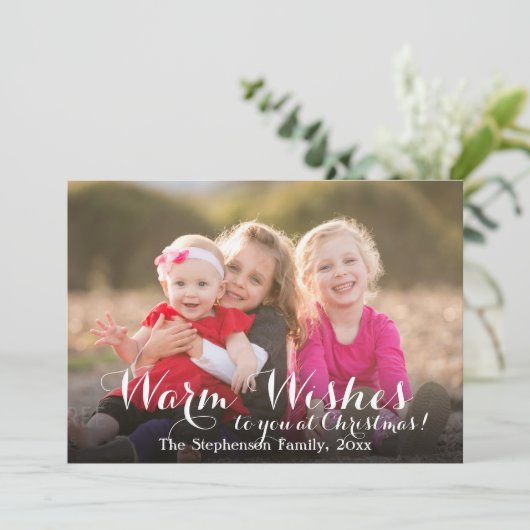 Warm Wishes Script Kerstmis Fotokaart Feestdagenkaart (Staand voorkant)