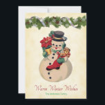 Warm Wishes -  Snowman Flat Holiday Kaart<br><div class="desc">Deze kaart is voorzien van een sneeuwman op een perkament gekleurde achtergrond.Deze vrolijke sneeuwman is gekleed voor de feestdagen met zijn groene oorkappen, sjaal en wanten. En om de look af te maken... Een hoge hoed getrimd met hulst. De heer Snowman heeft een poinsettia plant en een kerstkous vol goodies....</div>