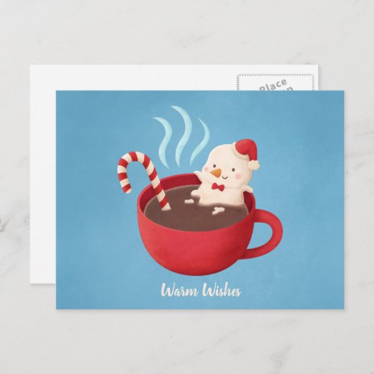 Warm Wishes Snowman in Cocoa Cup Briefkaart (Voorkant / Achterkant)
