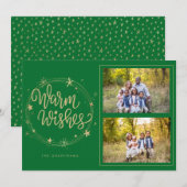 Warm Wishes & Stars Green & Gold 2 Foto's Feestdagenkaart (Voorkant / Achterkant)