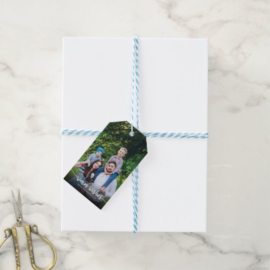 Warm Wishes White Script Aangepast script kerstfot Cadeaulabel (Met Touw)