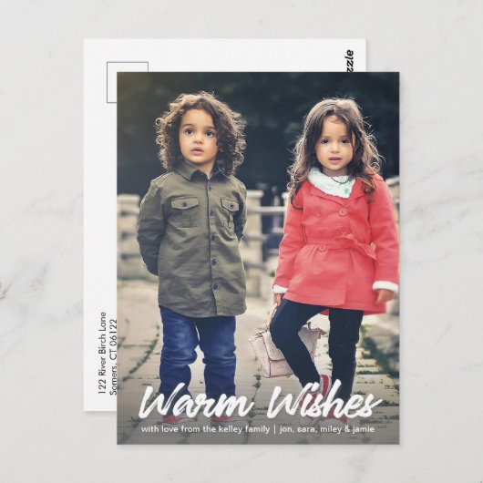Warm Wishes White Script Vertical Holiday Photo Briefkaart (Voorkant / Achterkant)