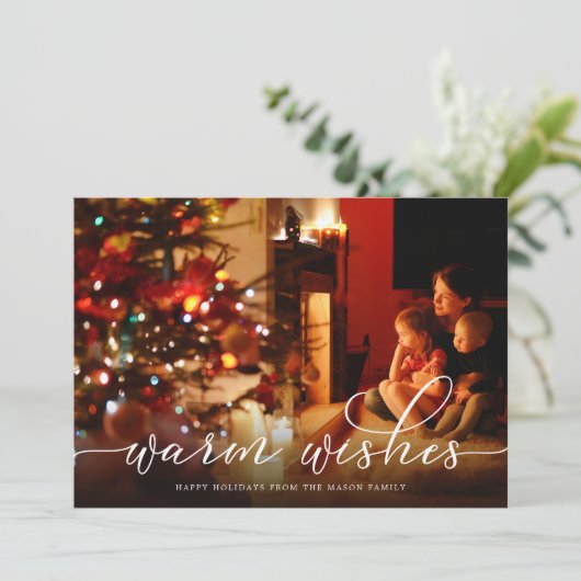 Warm Wishes Wit Script Foto Vakantie Kaart (Staand voorkant)