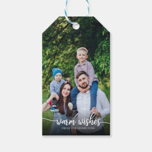 Warm Wishes Witte Script Met Foto Kerstmis Cadeaulabel (Voorkant)