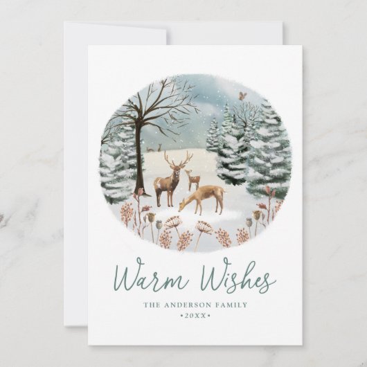 Warm Wishes Woodland Deer Winter Scene Non-Photo Feestdagenkaart (Voorkant)