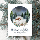 Warm Wishes Woodland Moose Winter Scene Non-Photo Feestdagenkaart<br><div class="desc">Elegant kerstbriefkaart met een waterverf nachtelijke winterscène aan de voorkant, compleet met een sterrenhemel, een onverlichte hemel, mooie dennenbomen, een mos en sneeuw op de grond. Holly berries, dennenappels en winterbladeren accentueren de cirkelvormige winterscène. "Warm Wishes" wordt getoond in een donkerblauw manuscript met jouw naam en het hieronder getoonde jaar....</div>