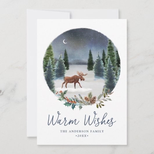 Warm Wishes Woodland Moose Winter Scene Non-Photo Feestdagenkaart (Voorkant)