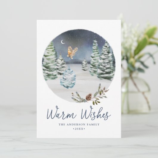 Warm Wishes Woodland Owl Winter Scene Non-Photo Feestdagenkaart (Staand voorkant)