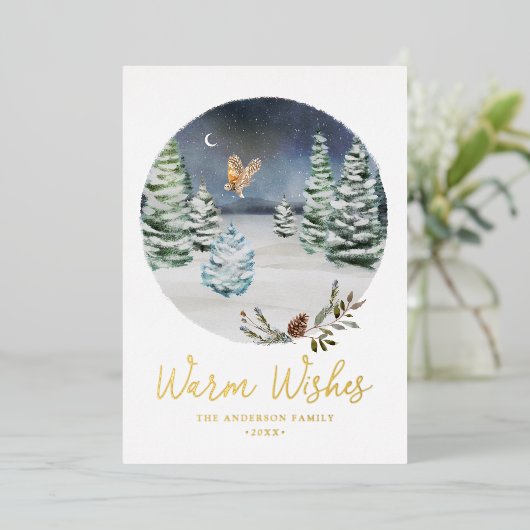 Warm Wishes Woodland Owl Winter Scene Non-Photo Folie Feestdagenkaart (Staand Voorkant)