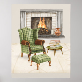 Warm Woonkamer Scene met Groene Stoel Poster