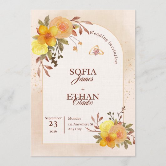Warm Yellow & Peach Floral Wedding Invitation  Kaart (Voorkant)