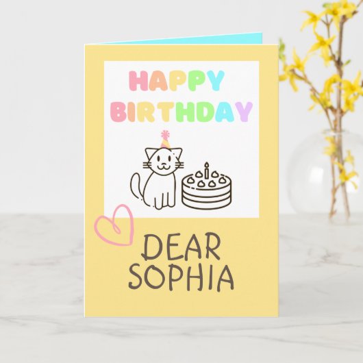 Warm Yellow&Rainbow Cat Happy Birthday Kaart (Gele Bloem)