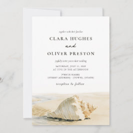Warm Zand Schelp Crème Script Outer Banks Bruiloft Kaart