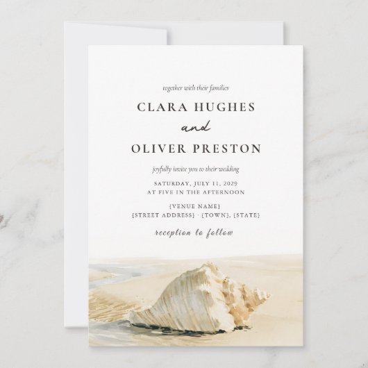 Warm Zand Schelp Crème Script Outer Banks Bruiloft Kaart (Voorkant)