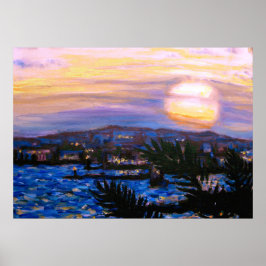 Warm Zeeen Palm Fronds & Hills Sunset Poster