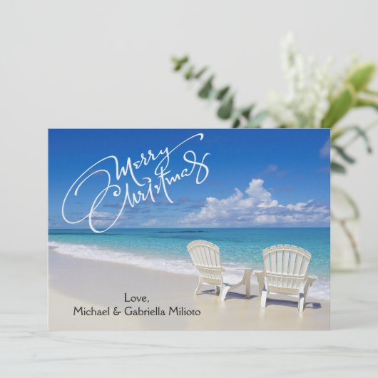 Warm-zonnestrand met kerstakelkaart feestdagenkaart (Staand voorkant)