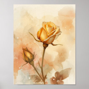 Warme Amber Bloemige Gouden Roos Bloei Waterverf Poster