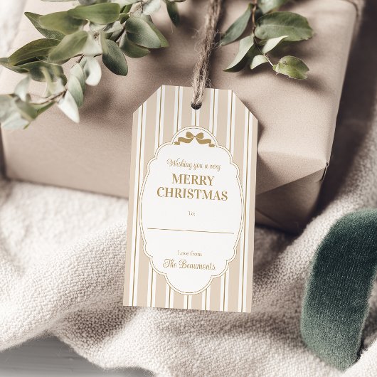 Warme Beige Gestreepte Kerstcadeautags Cadeaulabel