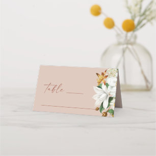 Warme Blush Beige Bruiloft Witte Botanische Bloe Plaatskaartje