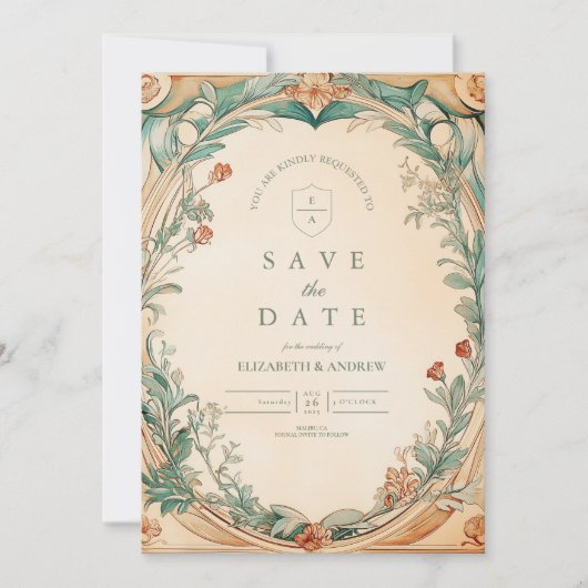 Warme botanische kaderhuwelijk save the date (Voorkant)