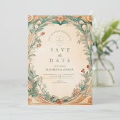 Warme botanische kaderhuwelijk save the date (Staand voorkant)