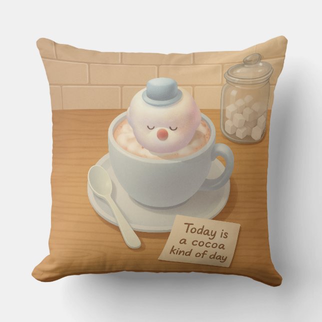 Warme Cacaodag: Lachende Bichon Marshmallow Kunst Kussen (Voorkant)