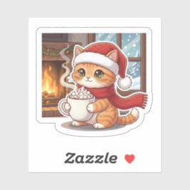 Warme Cacaokat Kerstmuts Sticker voor Mok