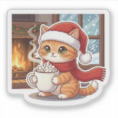 Warme Cacaokat Kerstmuts Sticker voor Mok (Voorkant)