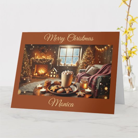 Warme chocolade en koekjes op eerste kerstdag kaart (Gele Bloem)