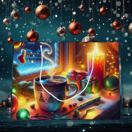 Warme chocolade in een kerstvenster groot cadeauzakje