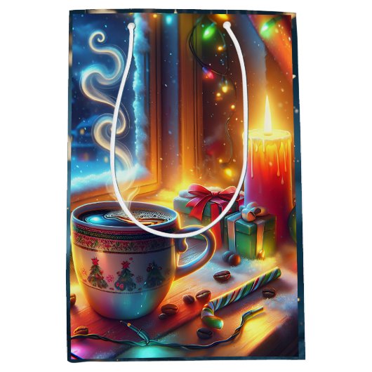 Warme chocolade in een kerstvenster medium cadeauzakje (Voorkant)