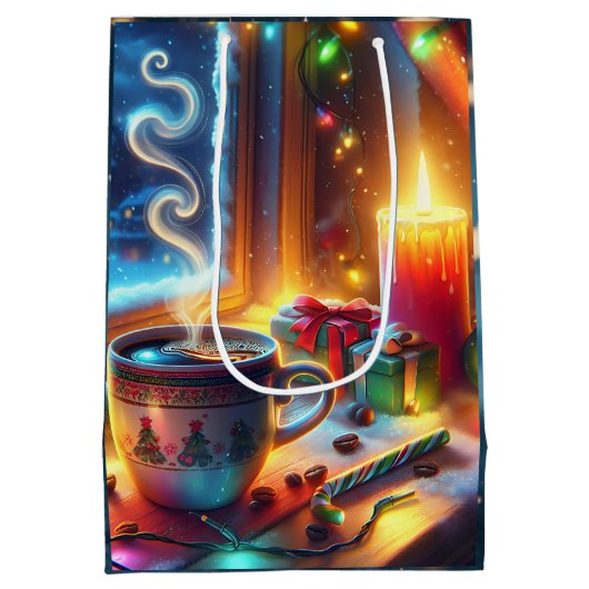 Warme chocolade in een kerstvenster medium cadeauzakje (Achterkant)