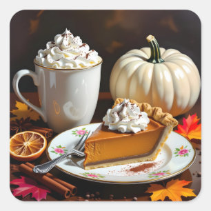 Warme chocolade, pompoentaart en kruiden herfst vierkante sticker