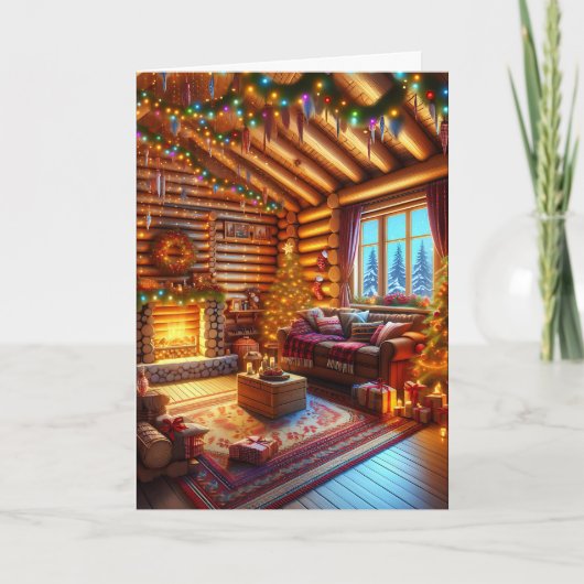 Warme en gezellige blokhut en open haard Kerstmis Kaart (Voorkant)