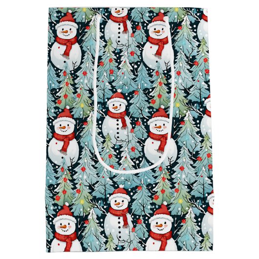 Warme en gezellige sneeuwman op een winterse kerst medium cadeauzakje (Achterkant)