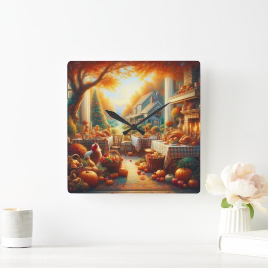 Warme en Gezellige Thanksgiving Verzamelen Vierkante Klok (Huis)